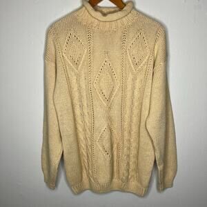 Vtg OSC Cable Knit Sweater Medium Rolled Neck Yellow Fisherman 90s Grandmacore